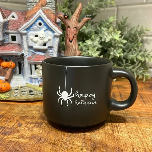 Happy Halloween Black Coffee Cup Mug With Spider Great Condition 8oz - Picture 1 of 8